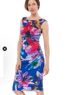 Joseph Ribkoff Bold Blue Midi Dress with Multicolor Floral Print
